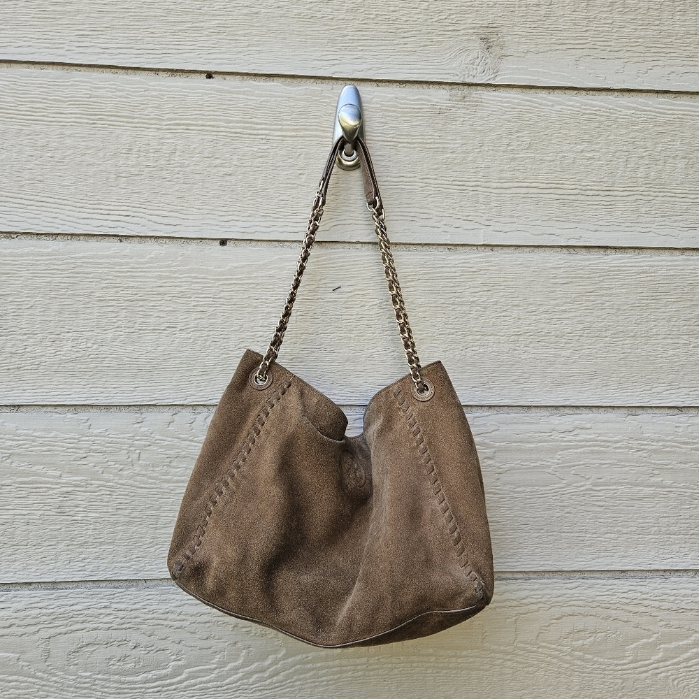 Tory Burch Marion Suede Chain Shoulder Slouchy Tote brown